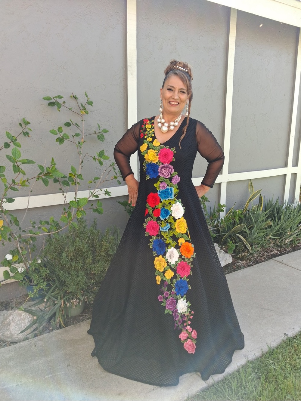 Black Floral-Appliqué Evening Gown - Vibrant Multi